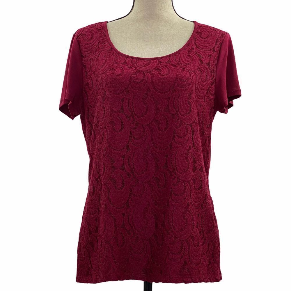RAFAELLA Red Paisley Lace Short Sleeve Blouse L